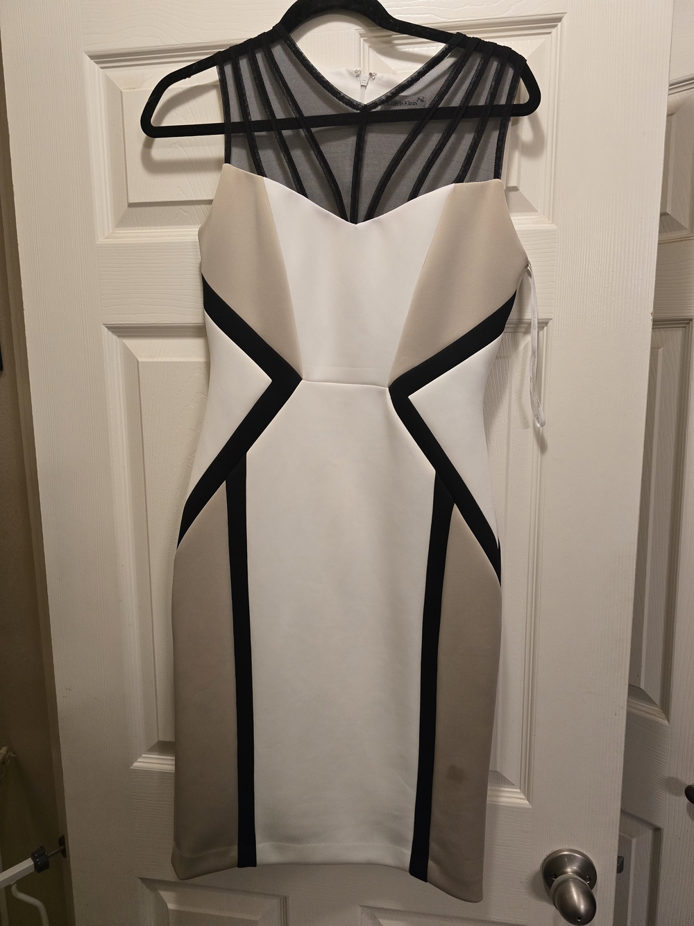 Sleeveless White & Taupe Mesh-Yoke Sheath Dress with Black Trim